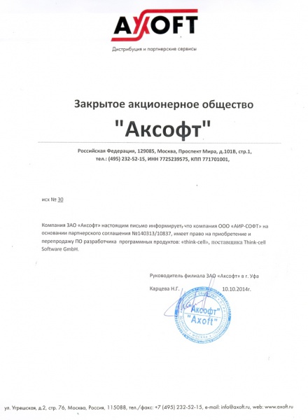 Письмо ЗАО «Аксофт», подтверждающее право ООО «АИР-СОФТ» на поставку программных продуктов: "Think-cell", поставщика Think-cell Software GmbH Письмо ЗАО «Аксофт», подтверждающее право ООО «АИР-СОФТ» на поставку программных продуктов: "Think-cell", поставщика Think-cell Software GmbH