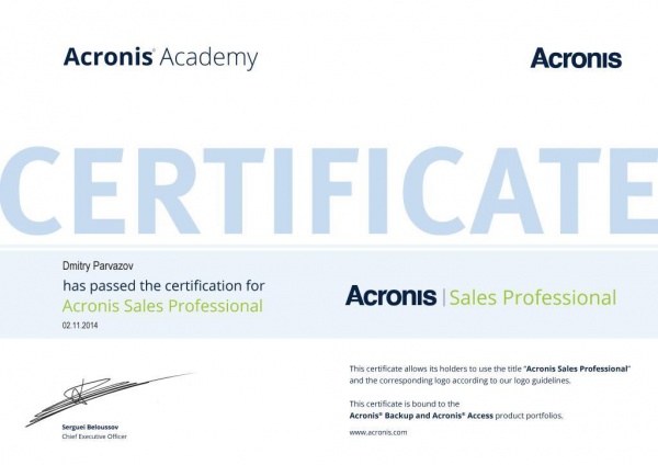 Сертификат Парвазова Д.А. "Acronis Sales Professional" Сертификат Парвазова Д.А. "Acronis Sales Professional"